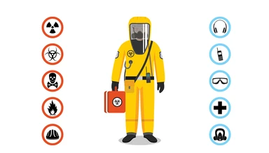 Worker in hazmat suit protected against biological hazards in the workplace